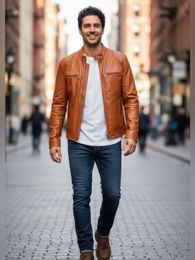 Sears The Leather Shop Vintage Moto Jacket Cognac Size 44